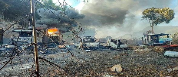 Burned vehicles are seen in Hpruso village in Kayah State, Myanmar on Dec 25th